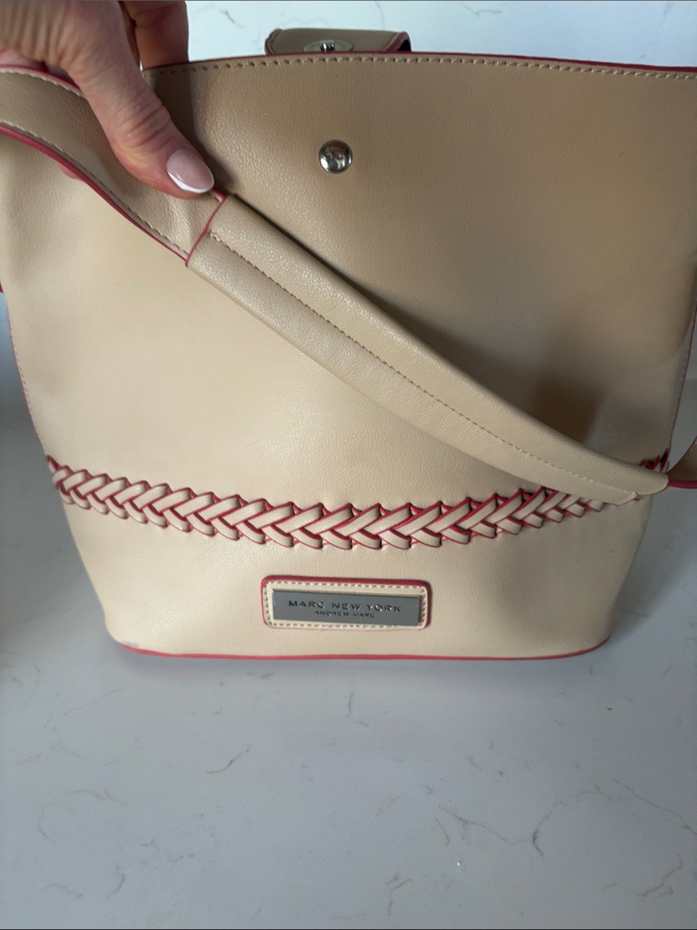 Marc Jacobs Peach Leather Shoulder Bucket Bag with Red Braided Trim Tan Beige